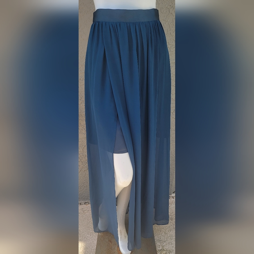 Eva Mendes NY&Co Teal Blue Sheer Panel Fairycore Maxi Skirt Sz 2 - Picture 3 of 13